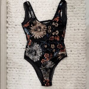 Little Pieces by Cullanete S custom made couture dark floral velvet bodysuit.